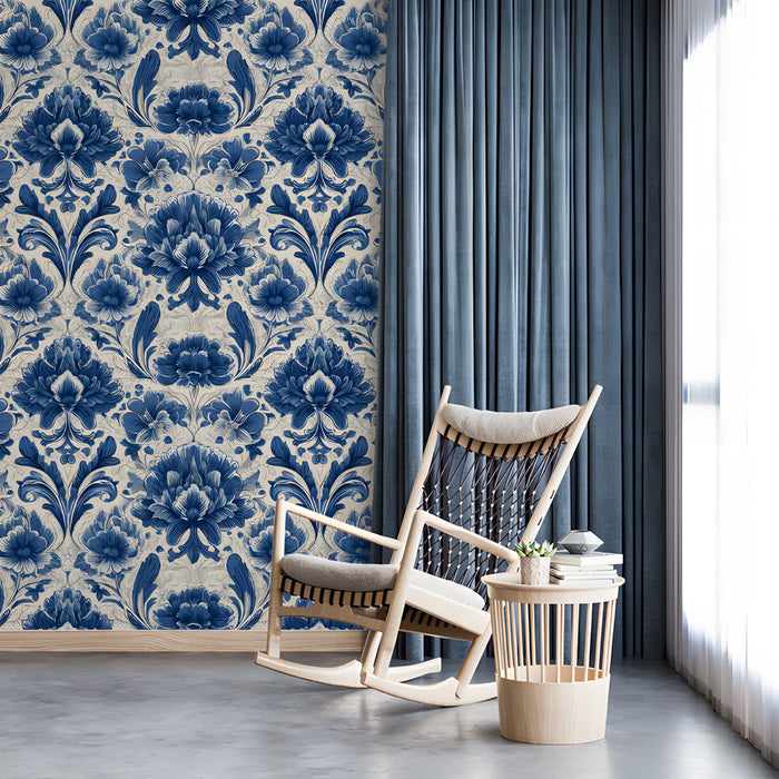 Classic floral wall mural used as a feature wall in a cozy entryway