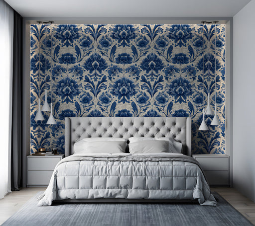Traditional floral damask mural in a grand bedroom with dark wood furniture