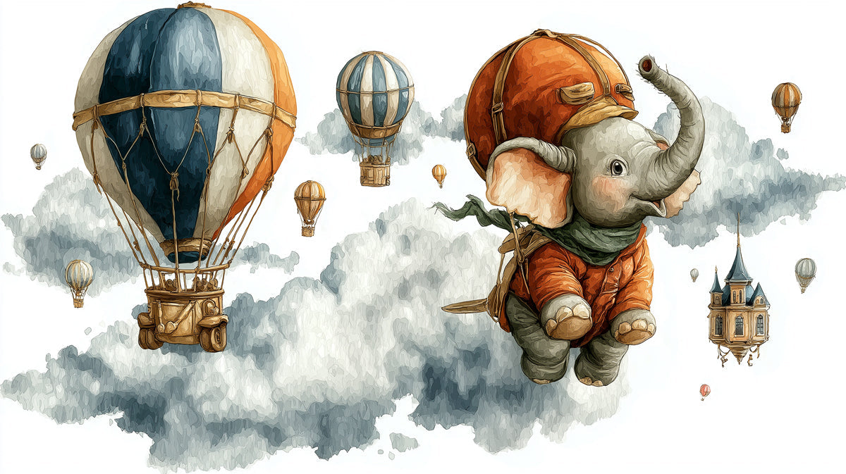 Whimsical illustration of an elephant in aviator gear flying with hot air balloons and clouds