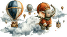 Whimsical illustration of an elephant in aviator gear flying with hot air balloons and clouds