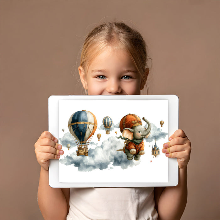 Playroom interior with an adventurous elephant wall mural and vintage hot air balloons