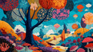 A vibrant, stylized garden mural wallpaper featuring red mushrooms, magenta flowers, and deep navy trees against a turquoise sky.