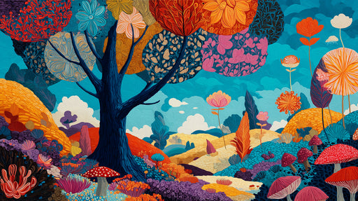A vibrant, stylized garden mural wallpaper featuring red mushrooms, magenta flowers, and deep navy trees against a turquoise sky.