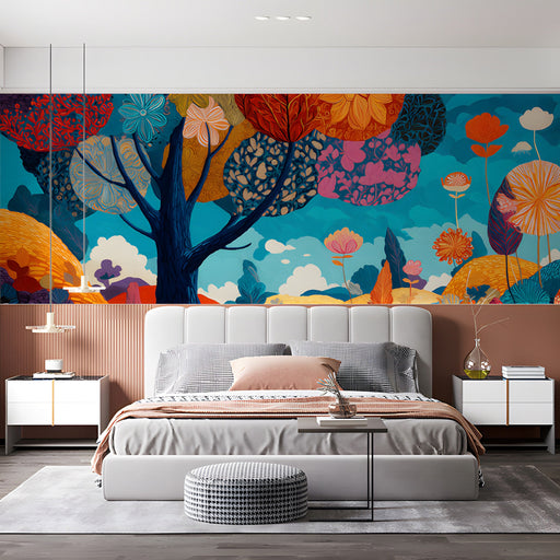 A storybook forest mural wallpaper in a playful kid’s bedroom with soft wooden furniture.