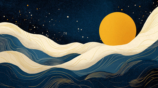 Abstract wall mural featuring midnight blue waves, gold line art, and a large ochre yellow moon against a starry sky