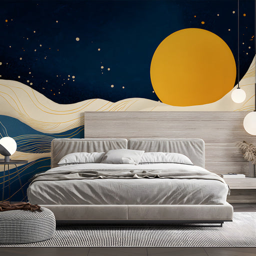 Sophisticated bedroom mural showing artistic gold lines and waves on a dark blue background