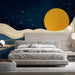 Sophisticated bedroom mural showing artistic gold lines and waves on a dark blue background