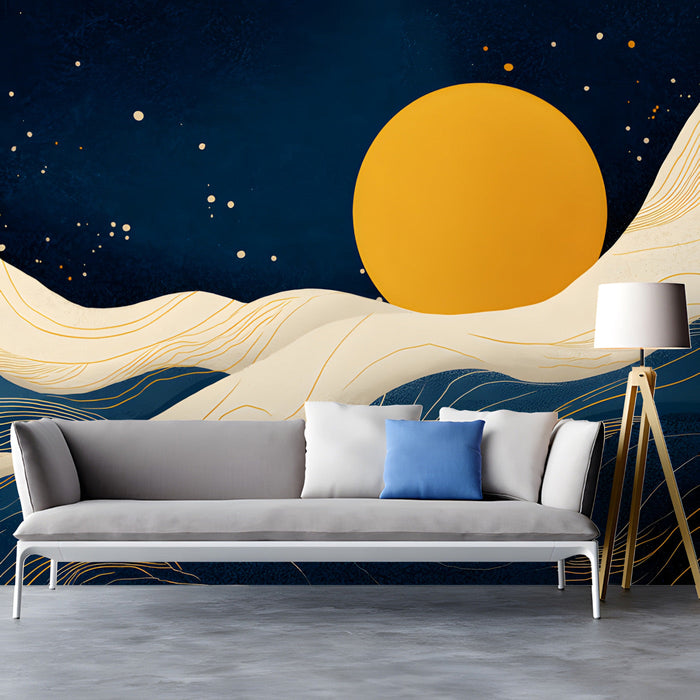 Modern entryway featuring a celestial moon and navy wave wall mural behind a bed with neutral linens