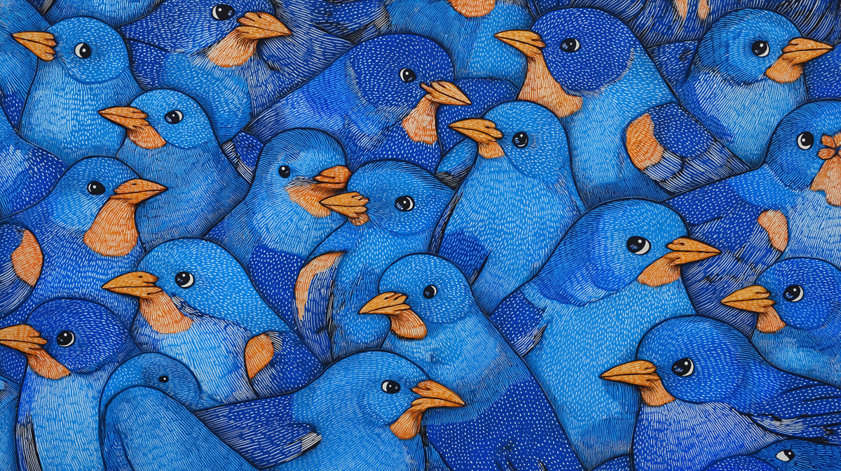 Close up of bluebird flock pattern with electric blue feathers and ochre beaks in a hand-drawn ink style