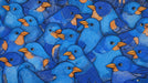 Close up of bluebird flock pattern with electric blue feathers and ochre beaks in a hand-drawn ink style