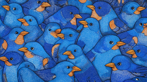 Close up of bluebird flock pattern with electric blue feathers and ochre beaks in a hand-drawn ink style