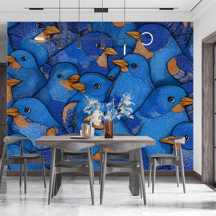 Dining room wall covered in a dense bluebird illustration with hand-drawn pen details