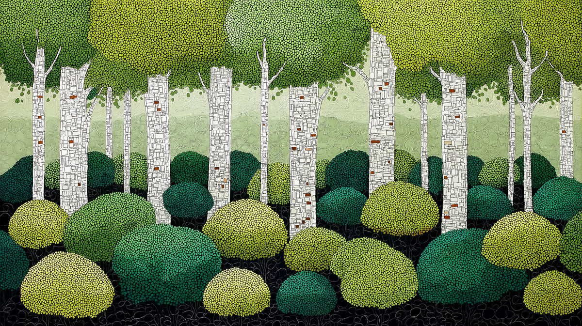A pointillist style mural featuring stylized white birch trees set against layered spheres of lime, emerald, and forest green foliage.