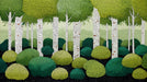 A pointillist style mural featuring stylized white birch trees set against layered spheres of lime, emerald, and forest green foliage.