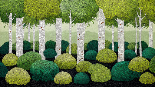 A pointillist style mural featuring stylized white birch trees set against layered spheres of lime, emerald, and forest green foliage.