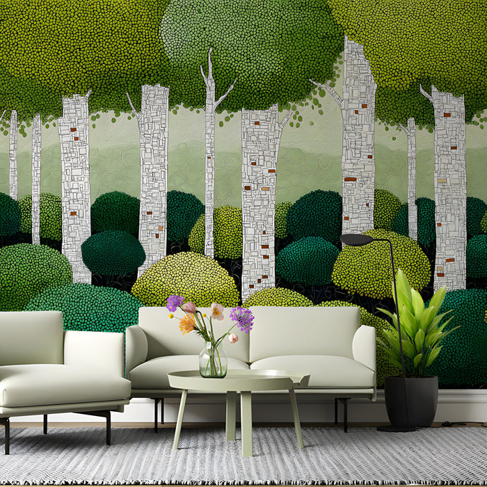 A cozy reading nook featuring the dot-art forest mural with a comfortable velvet accent chair.