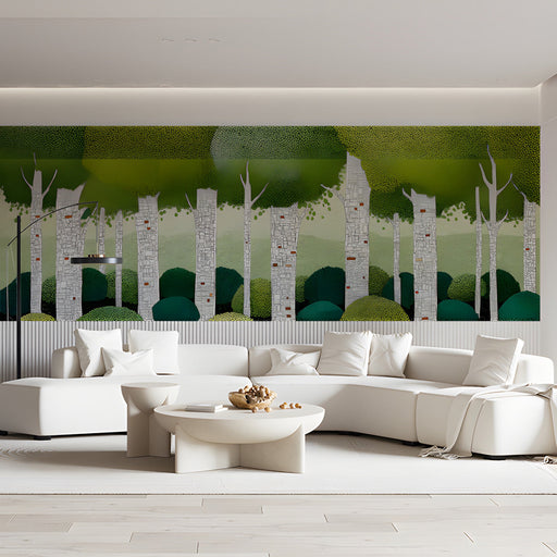 The birch tree mural installed in a serene modern hotel hallway above a neutral platform bed.