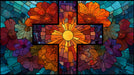 Stained glass style mural wallpaper featuring a central sunburst cross surrounded by orange, purple, and teal flowers.