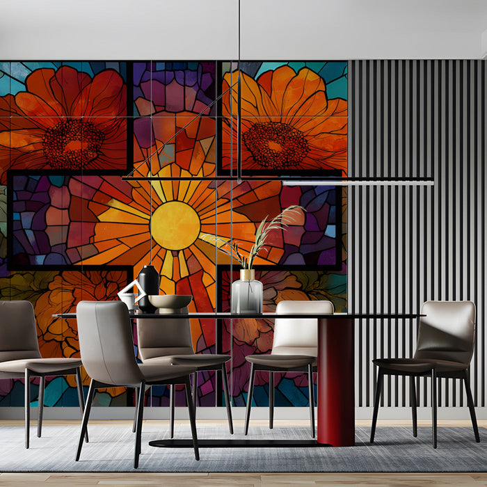 A cozy library reading nook decorated with a striking floral and cross glass-look mural.