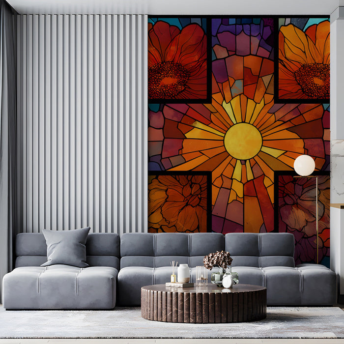 Living room featuring a vibrant stained glass floral cross mural on the main accent wall behind a sofa.