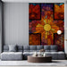 Living room featuring a vibrant stained glass floral cross mural on the main accent wall behind a sofa.