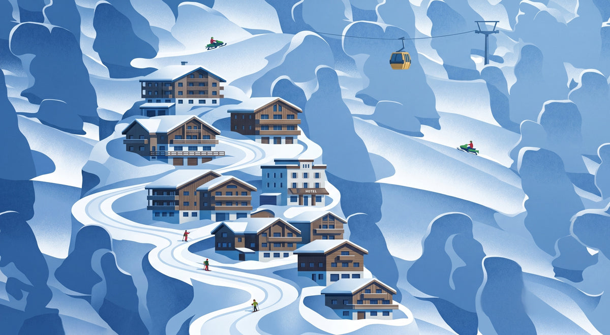 Alpine ski village wallpaper mural with timber chalets on snowy mountains in blue and white