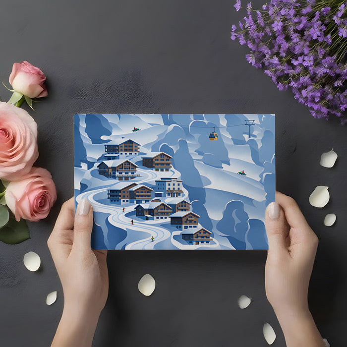 Ski resort inspired wallpaper mural accent wall in a cozy home office