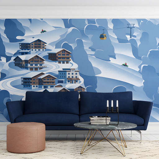 Winter mountain theme mural installed behind a modern sofa in a entryway