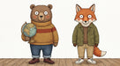 Illustrated anthropomorphic bear holding a globe standing next to a fox on a white background