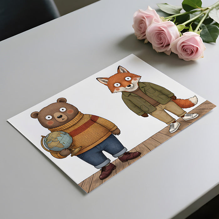 Whimsical animal mural featuring bear and fox in a cozy playroom