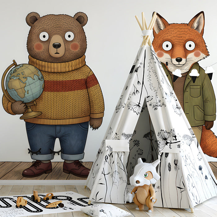 Storybook style bear and fox wall decor in a nursery with wooden furniture