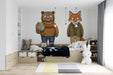 Playful bear and fox character wallpaper installed in a child's bedroom