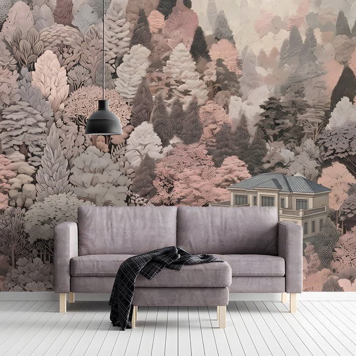 A tranquil living room interior with the soft pink manor forest mural as the focal point.