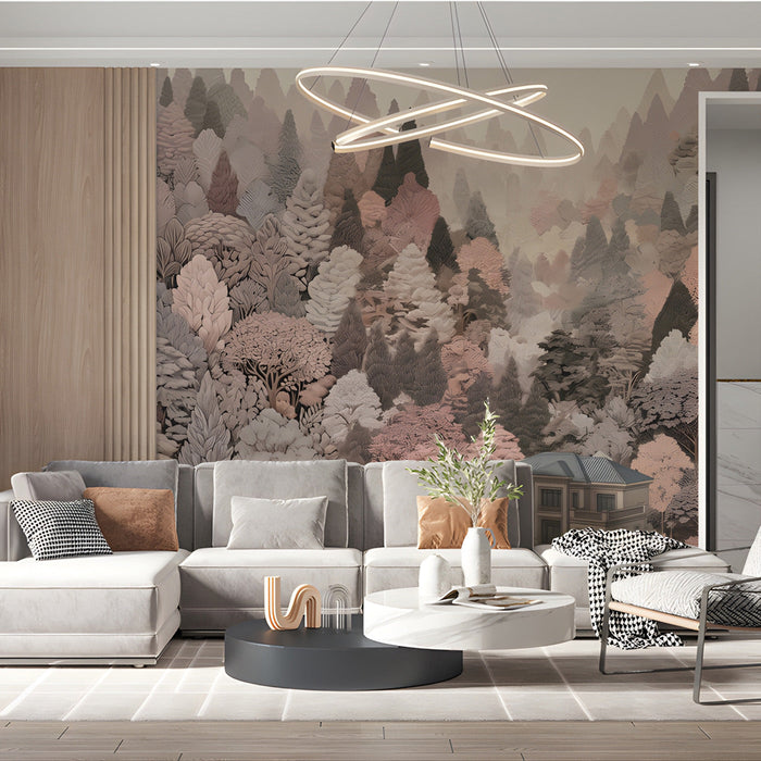 A cozy living room featuring the blush forest manor mural behind a tufted headboard.