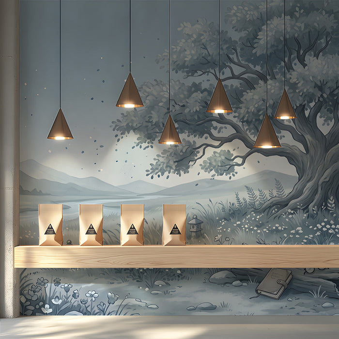 A dreamy shopping decorated with a soft blue nature-inspired wall mural.