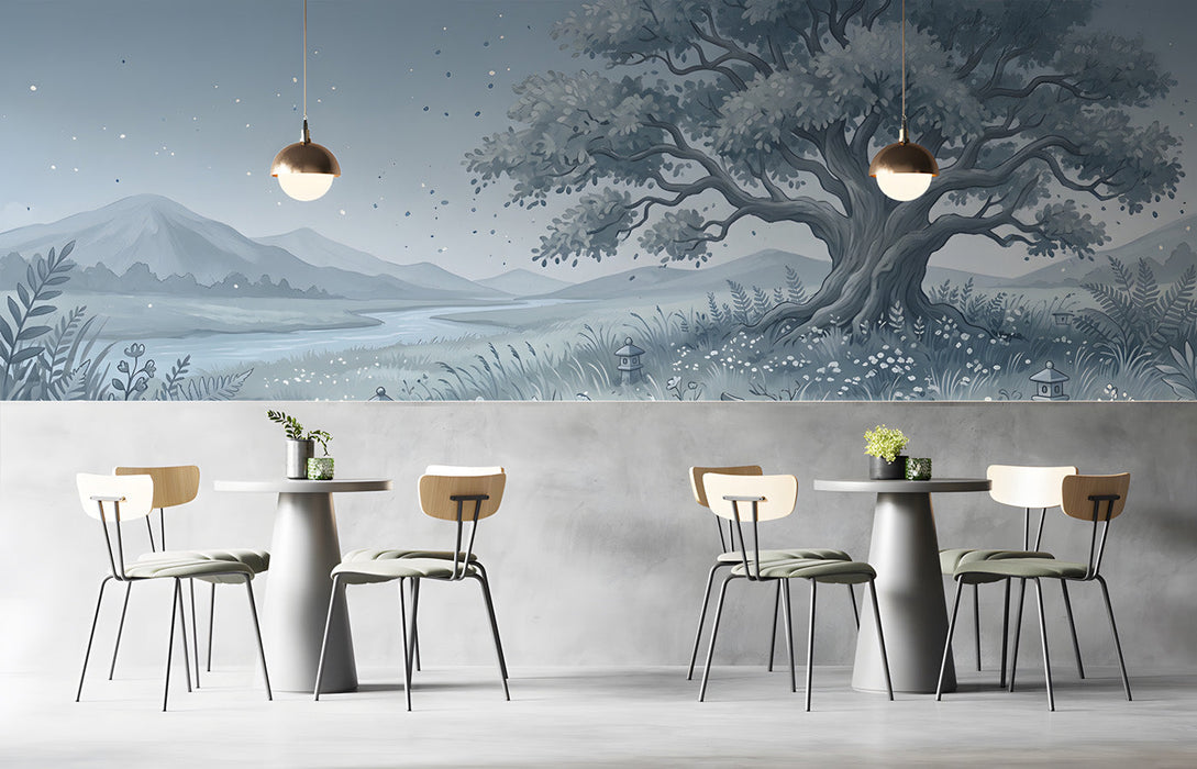 A peaceful bar featuring a serene riverside meadow mural on the main wall behind a bed.