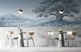 A peaceful bar featuring a serene riverside meadow mural on the main wall behind a bed.