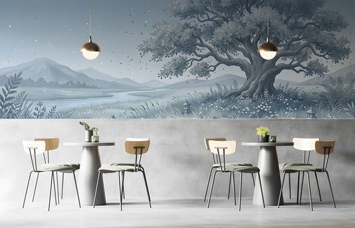 A peaceful bar featuring a serene riverside meadow mural on the main wall behind a bed.