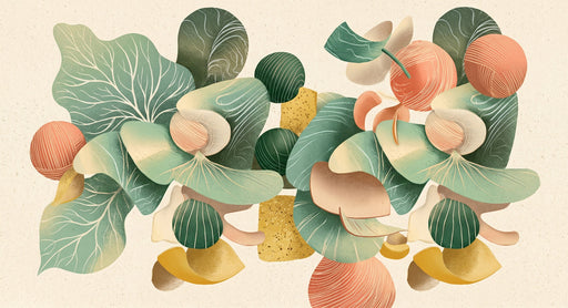 Abstract wallpaper pattern featuring sage green leaves, salmon spheres, and ochre accents on cream