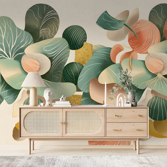 Creative bedroom space with contemporary botanical wallpaper mural