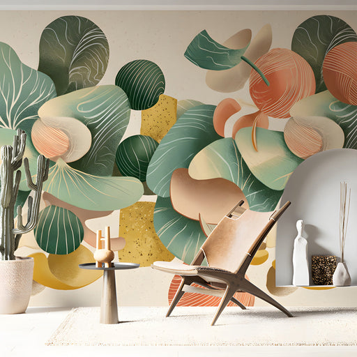 Modern study featuring abstract botanical wallpaper with sage and salmon accents