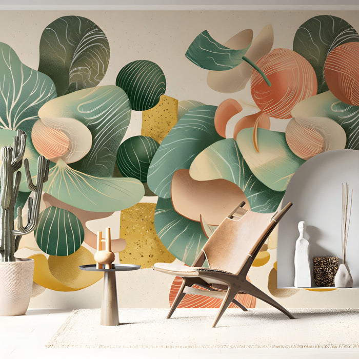 Modern study featuring abstract botanical wallpaper with sage and salmon accents