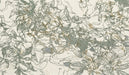 Abstract line art wallpaper with charcoal gray foliage, sage green touches, and flecks of metallic gold on off-white