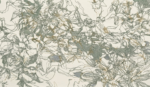 Abstract line art wallpaper with charcoal gray foliage, sage green touches, and flecks of metallic gold on off-white