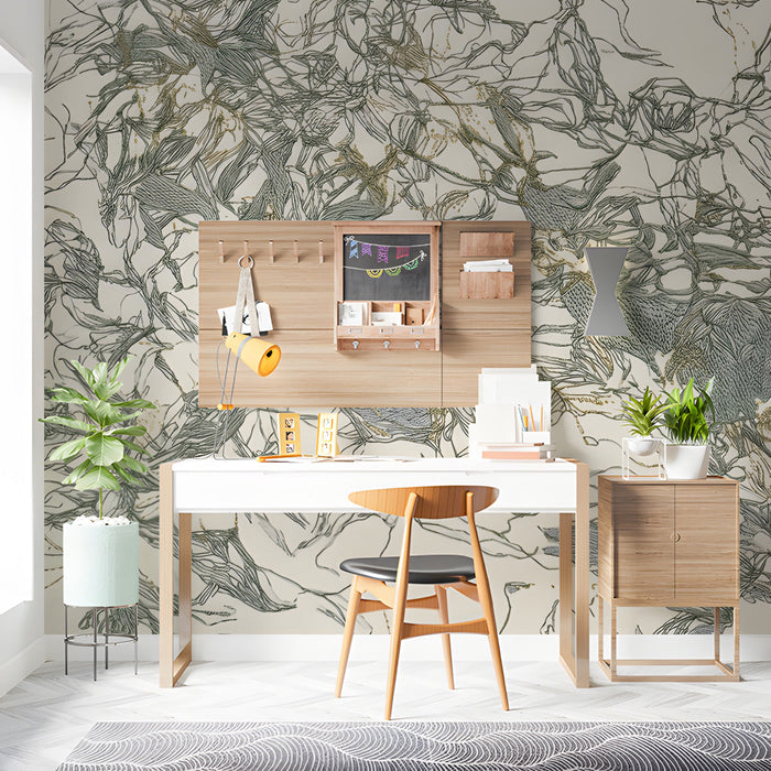 Minimalist study interior with a delicate charcoal and gold foliage mural behind a wooden headboard