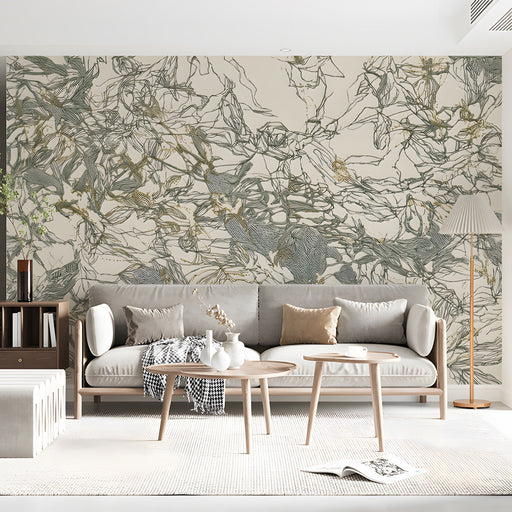 Modern living room featuring an abstract gold and green line art wall mural behind a velvet sofa