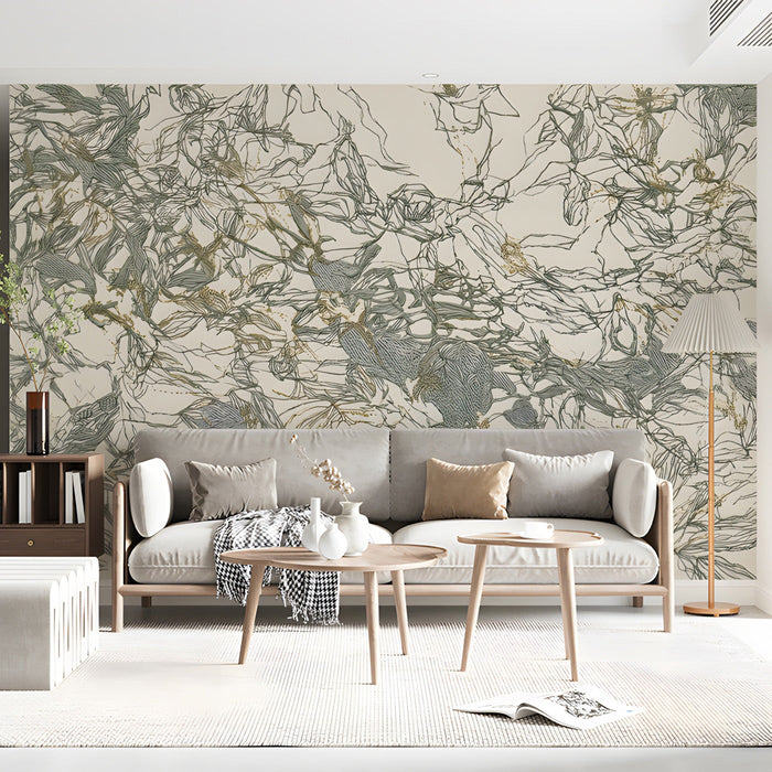 Modern living room featuring an abstract gold and green line art wall mural behind a velvet sofa