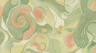 Abstract wall mural with swirling sage green and peach fine-lined patterns on cream