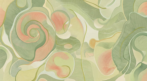 Abstract wall mural with swirling sage green and peach fine-lined patterns on cream