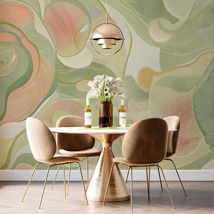 Contemporary dining room wall with elegant sage and peach linear art mural
